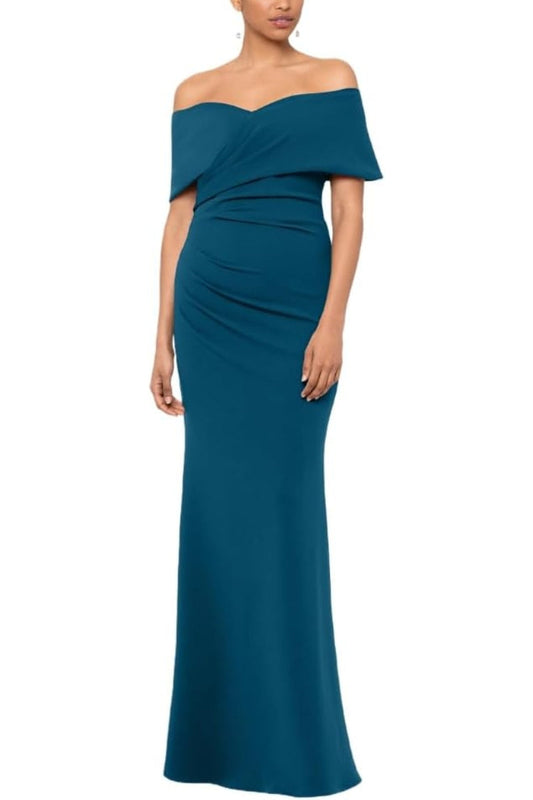 Betsy and Adam Tanya Off-The-Shoulder Ruching Cuff Wrap Long Dress