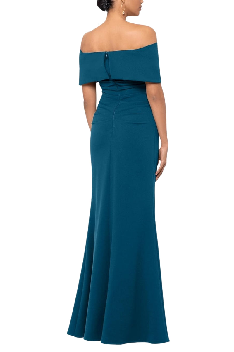 Betsy and Adam Tanya Off-The-Shoulder Ruching Cuff Wrap Long Dress