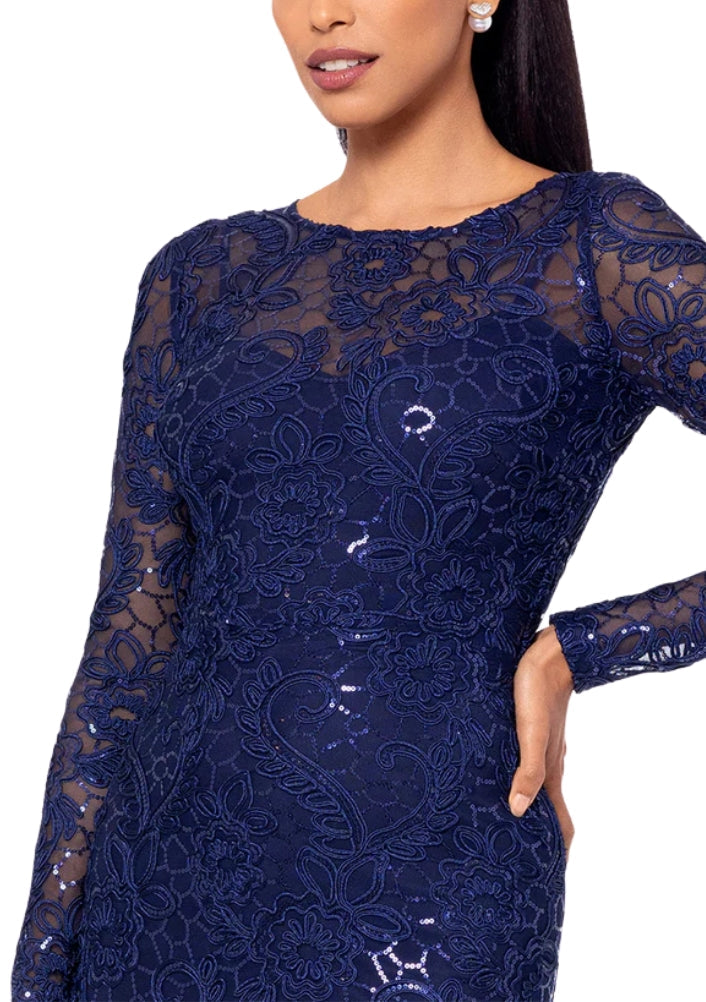 Betsy and Adam Cecelia Bateau Neckline Long Sleeves Intricate Lace Overlay Back Zipper Closure Modern Fit Gown Dress