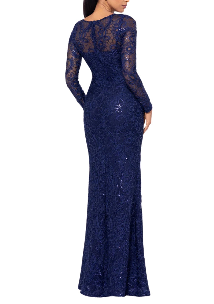 Betsy and Adam Cecelia Bateau Neckline Long Sleeves Intricate Lace Overlay Back Zipper Closure Modern Fit Gown Dress