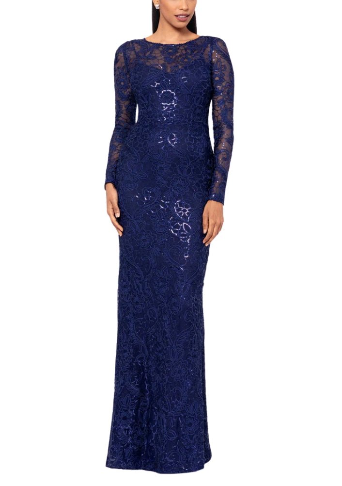 Betsy and Adam Cecelia Bateau Neckline Long Sleeves Intricate Lace Overlay Back Zipper Closure Modern Fit Gown Dress