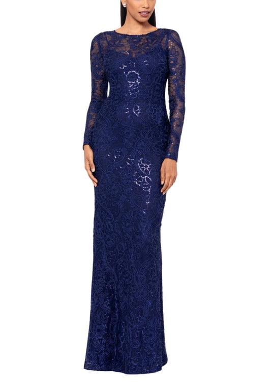 Betsy and Adam Cecelia Bateau Neckline Long Sleeves Intricate Lace Overlay Back Zipper Closure Modern Fit Gown Dress