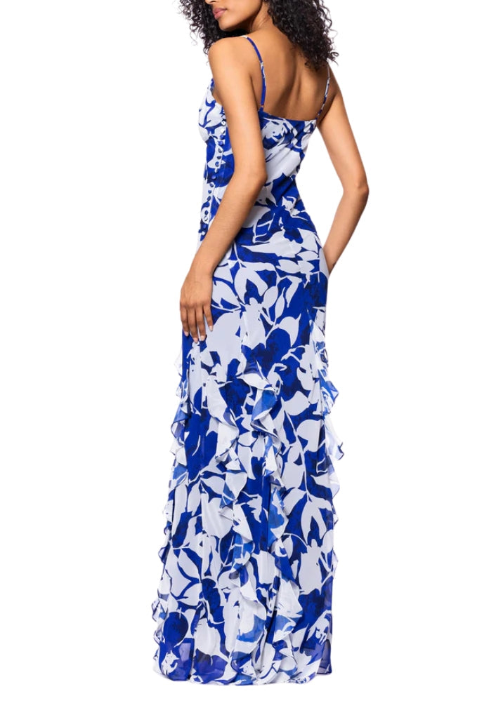Betsy and Adam White Royal Print Georgina Draped Cowl Neckline Spaghetti Straps Cascading Ruffle Details Back Zipper Flowy Skirt Floor Length Dress