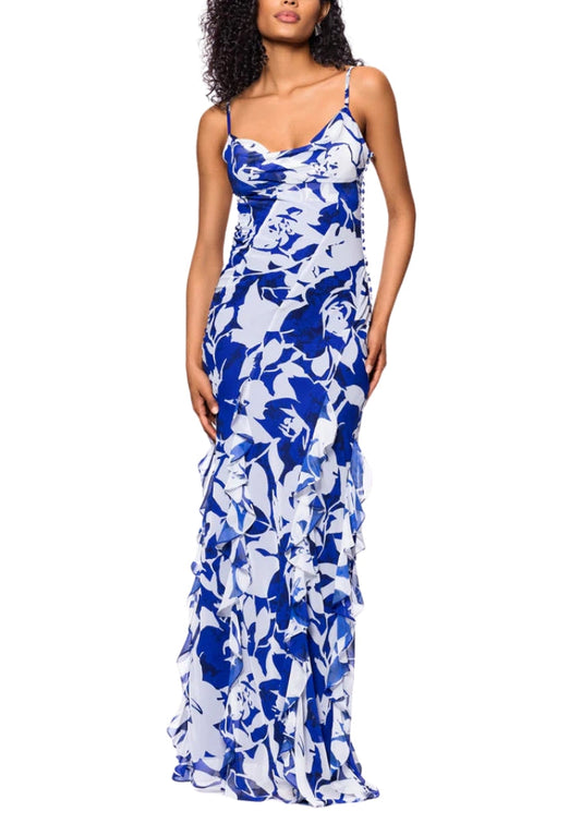 Betsy and Adam White Royal Print Georgina Draped Cowl Neckline Spaghetti Straps Cascading Ruffle Details Back Zipper Flowy Skirt Floor Length Dress
