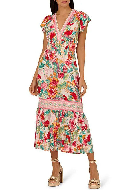 Adrianna Papell Floral V-Neckline Flutter Cap Short Sleeves Maxi Dress