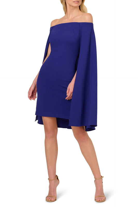 Adrianna Papell Off Shoulder Cape Sheath Crepe Dress (Plus Size)