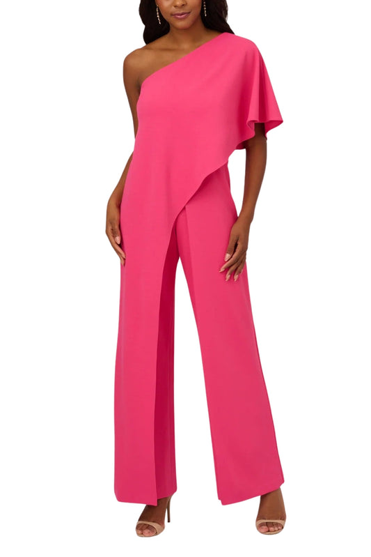 Adrianna Papell Asymmetrical One Shoulder Cape Sleeve Stretch Crepe Solid Jumpsuit (Plus Size)
