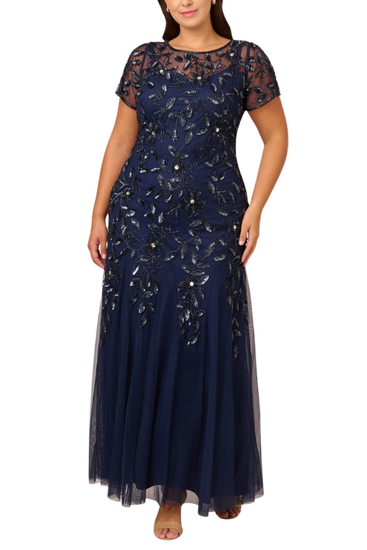 Adrianna Papell Boat Neck Short Sleeves Back Zipper Long Beaded Mesh Dress (Plus Size)