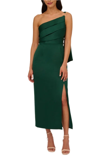Adrianna Papell Asymmetrical Neck One Shoulder Pleated Bodice Metal Ring Accent Slit Side Satin Crepe Gown