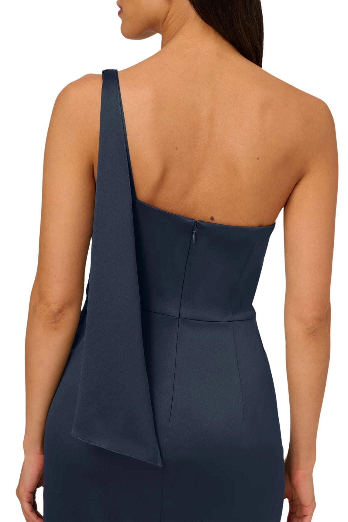 Adrianna Papell Asymmetrical Neck One Shoulder Pleated Bodice Metal Ring Accent Slit Side Satin Crepe Gown