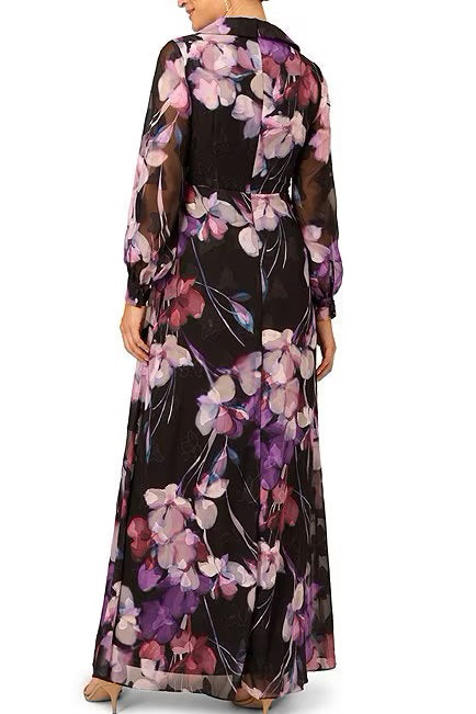 Adrianna Papell Collared V-Neck Long Sleeve Zipper Closure Floral Print Georgette Gown
