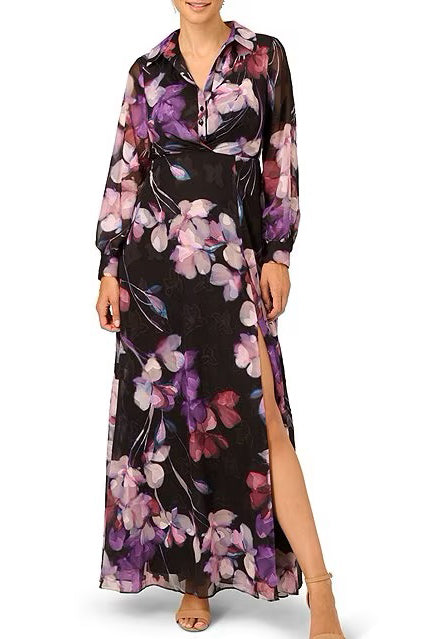 Adrianna Papell Collared V-Neck Long Sleeve Zipper Closure Floral Print Georgette Gown