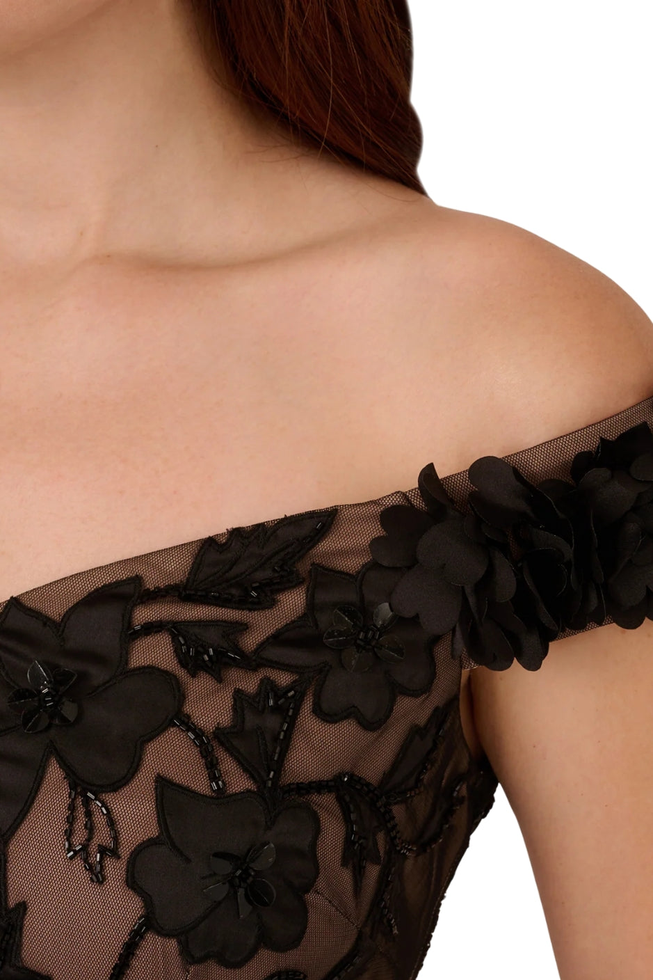 Adrianna Papell Off-the-Shoulder Neckline Sheer Knit Mesh Beaded Sequin Floral Design Fitted Silhouette Column Skirt Dress