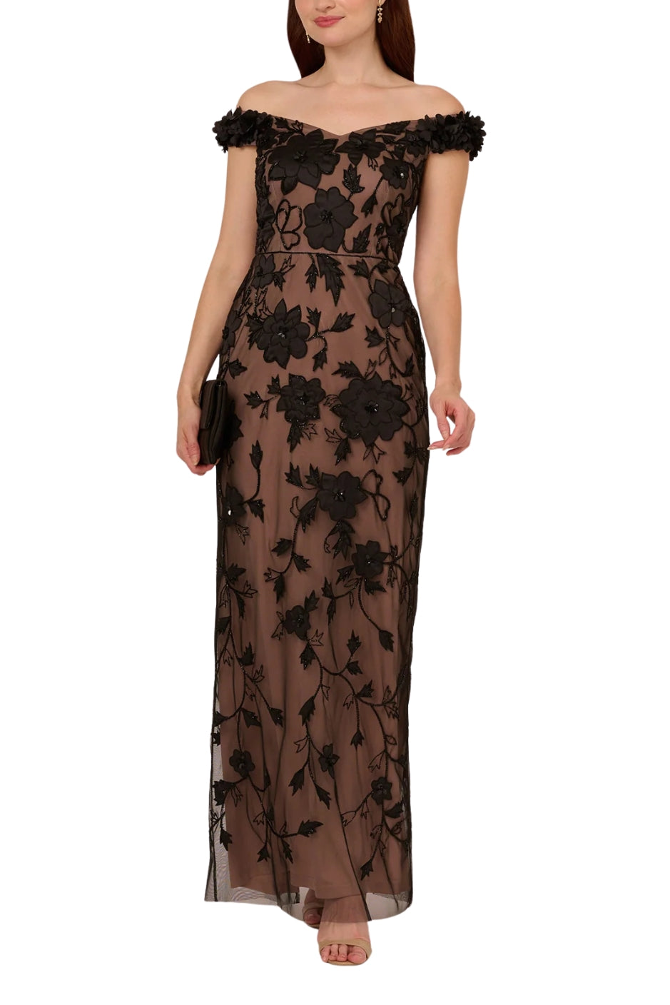 Adrianna Papell Off-the-Shoulder Neckline Sheer Knit Mesh Beaded Sequin Floral Design Fitted Silhouette Column Skirt Dress