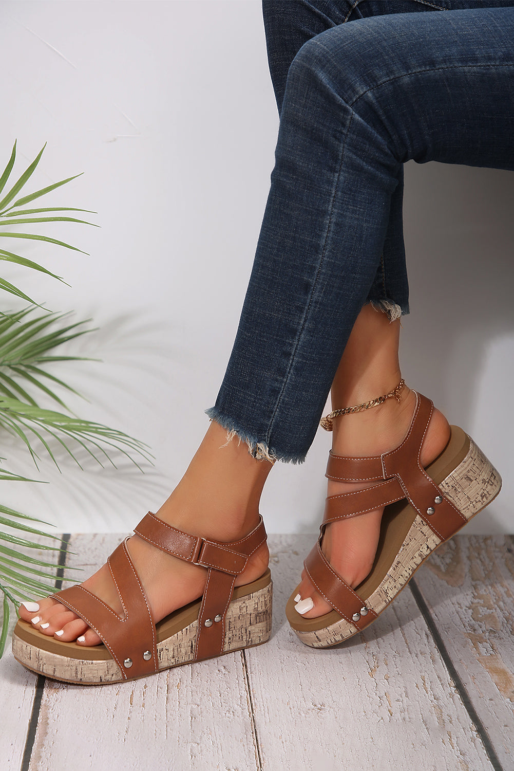 Hollow Out Velcro Leather Wedge Sandals