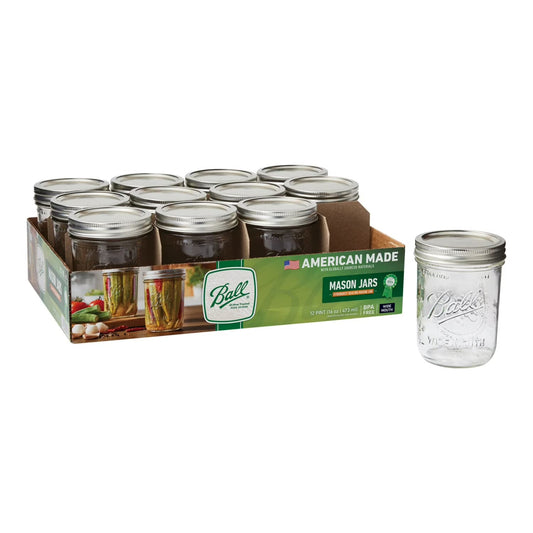 Ball, Glass Mason Jars with Lids & Bands, Wide Mouth, Clear, 16 oz, 12 Count