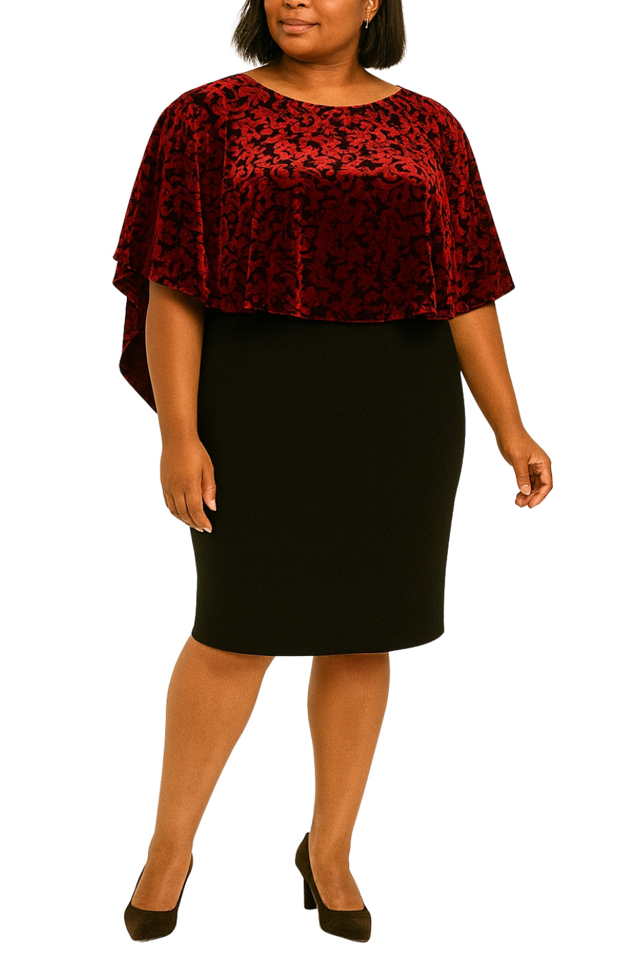 Glamour Nights Red Black Burnout Velvet Capelet Overlay with Black Sheath Knee-Length Skirt Dress (Plus Size)