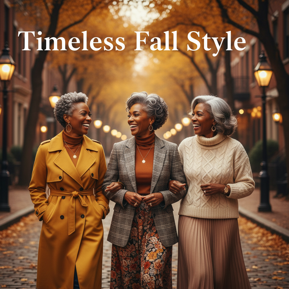 Three women walking together on a fall street with the text 'Timeless Fall Style'.