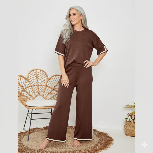 New Knitting Suit Sweater Suit Short Sleeve Pullover Wide Leg Pants