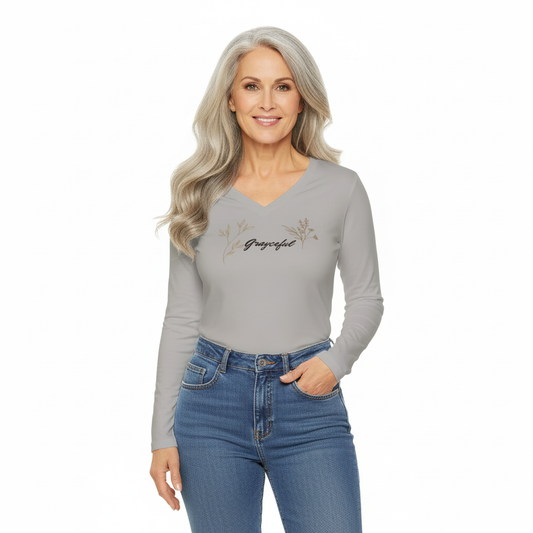 Grayceful Floral Long Sleeve V-neck Shirt for Women, Cozy Casual Wear, Gift for