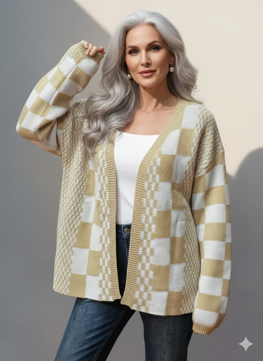 Double Take Checkered Dropped Shoulder Cardigan