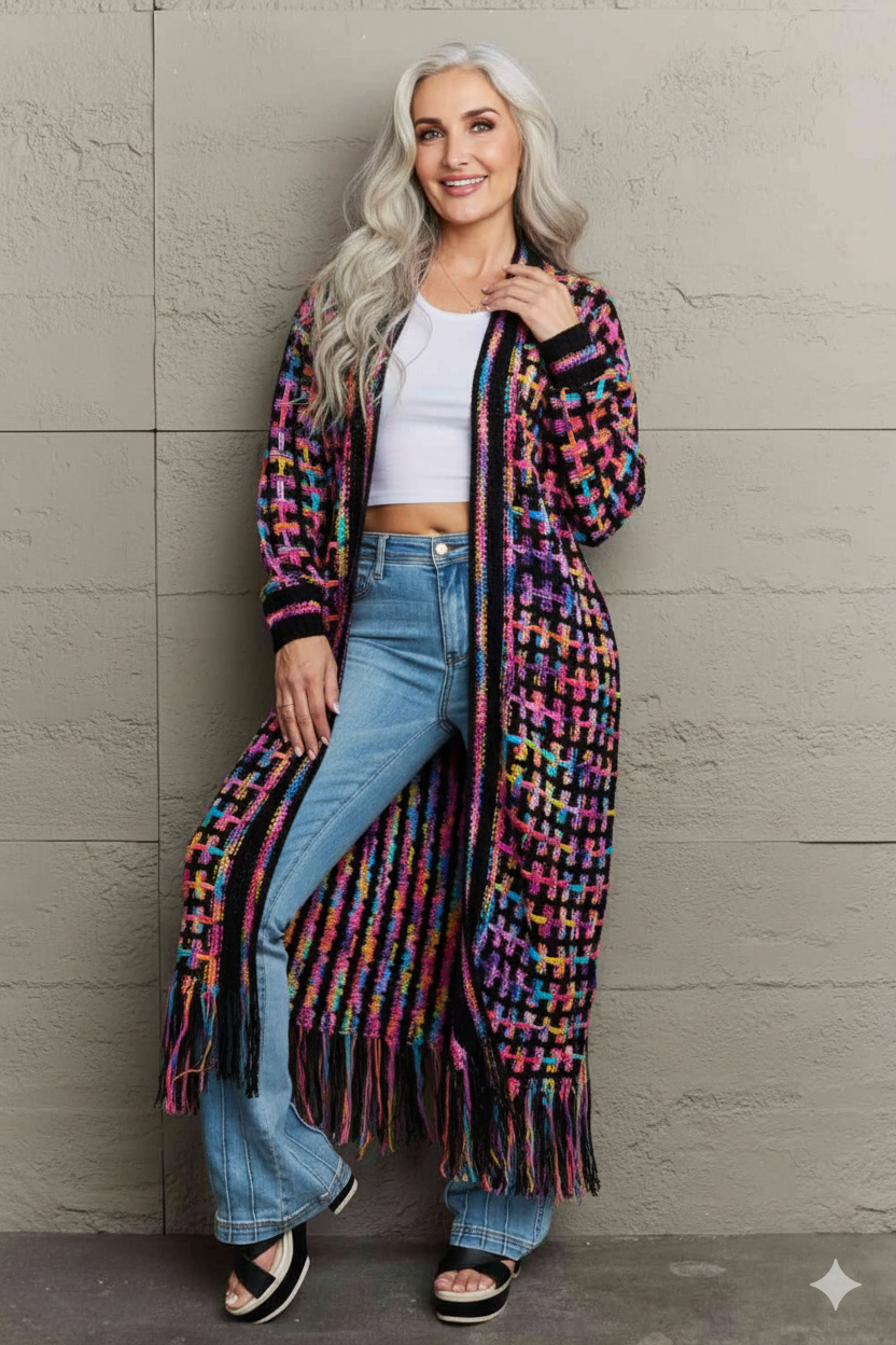 Multicolored Open Front Fringe Hem Cardigan