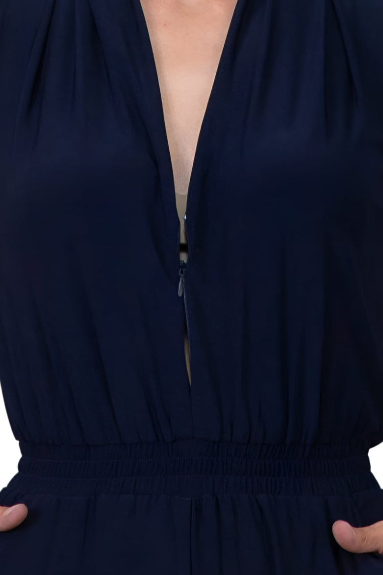 Laundry V-Neck Zipper Front Sleeveless Ruched Solid Jumpsuit