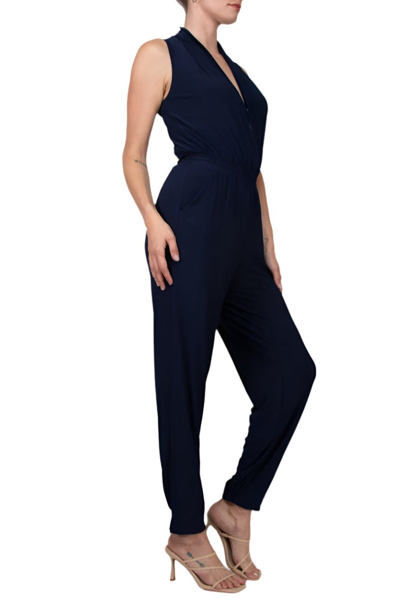 Laundry V-Neck Zipper Front Sleeveless Ruched Solid Jumpsuit