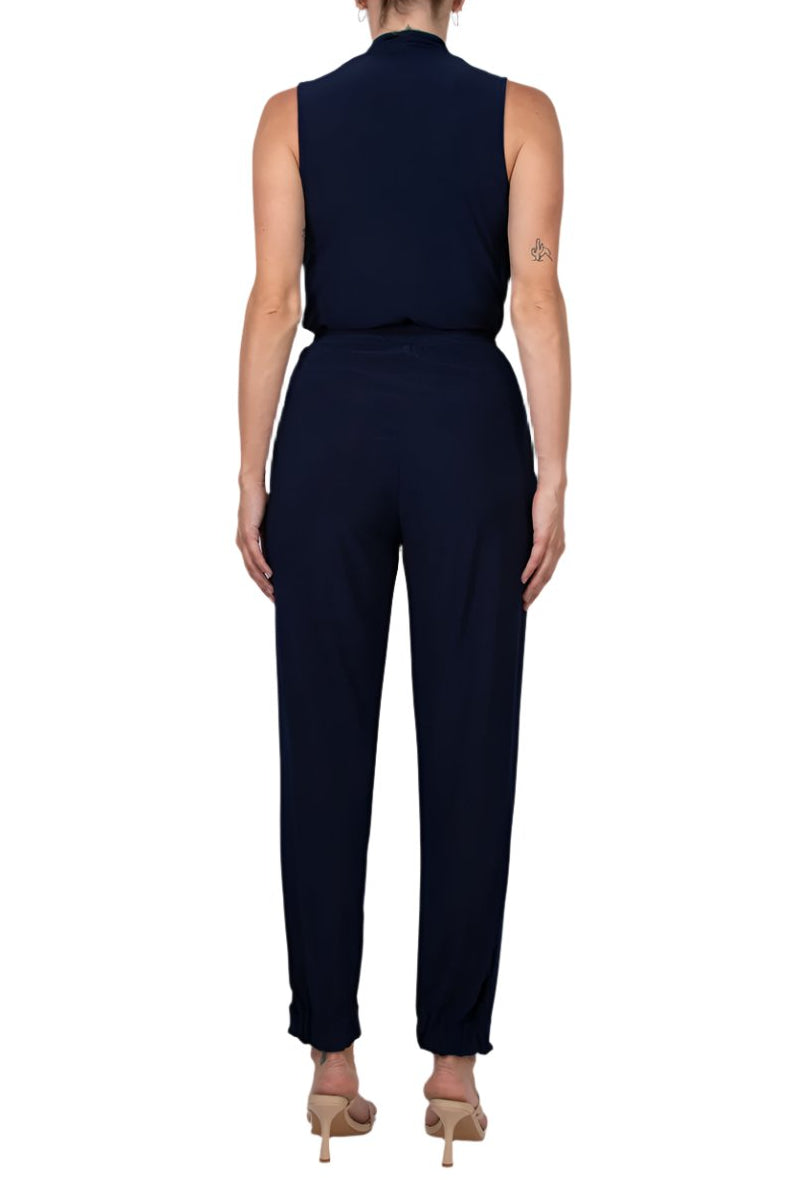 Laundry V-Neck Zipper Front Sleeveless Ruched Solid Jumpsuit