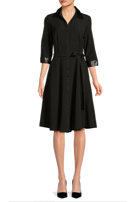 Sharagano Pointed Collar 3/4 Sleeves Button Closure Belted Stretch Crepe Dress with Pockets