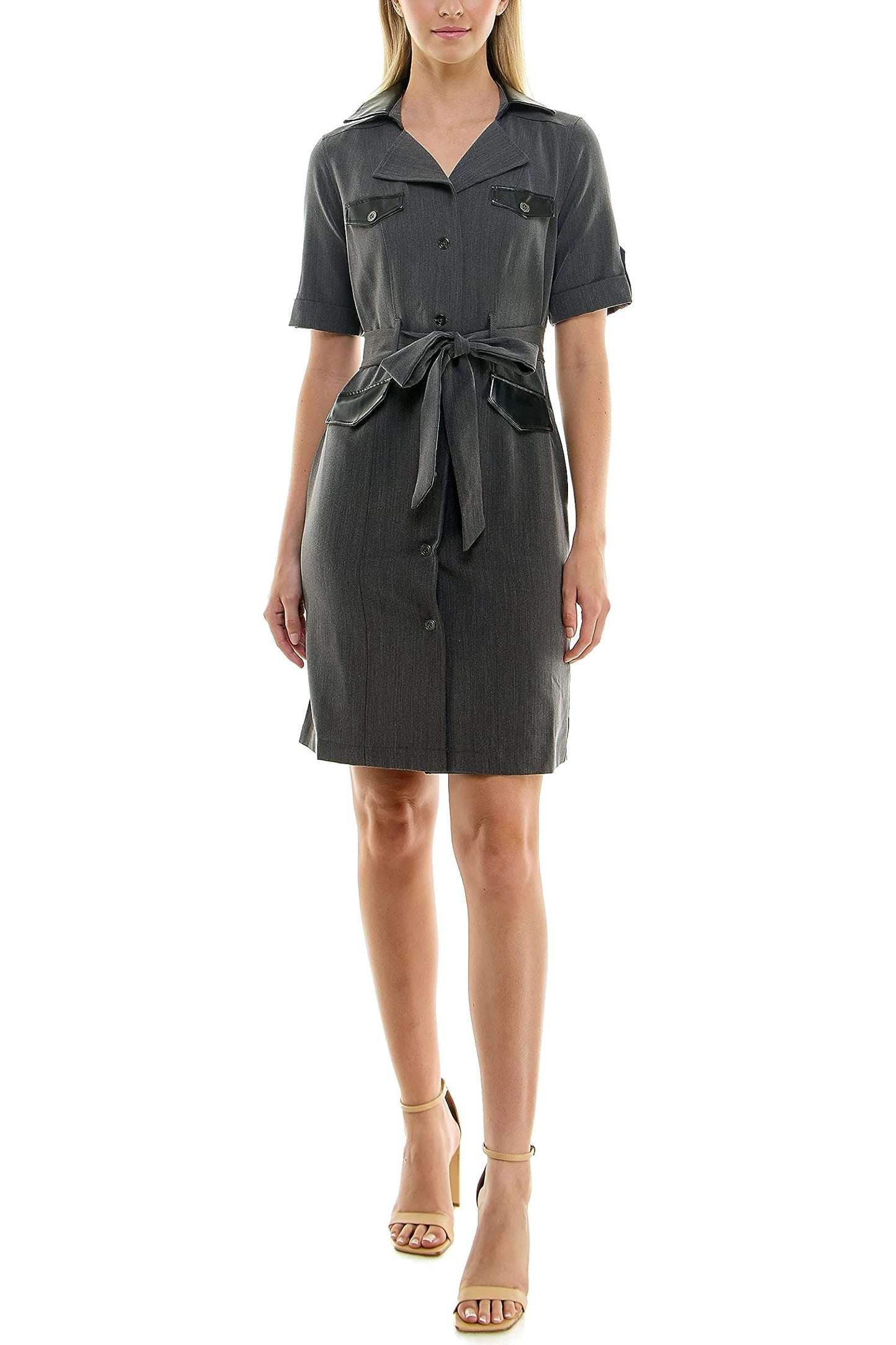 Sharagano Notched Collar Short Roll Tab Sleeve Button Closure Belted Matte Jersey Dress