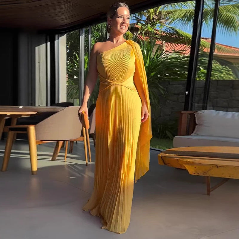 Diagonal Collar Raglan Sleeve Cinched Waist Slim-fit Long Dress