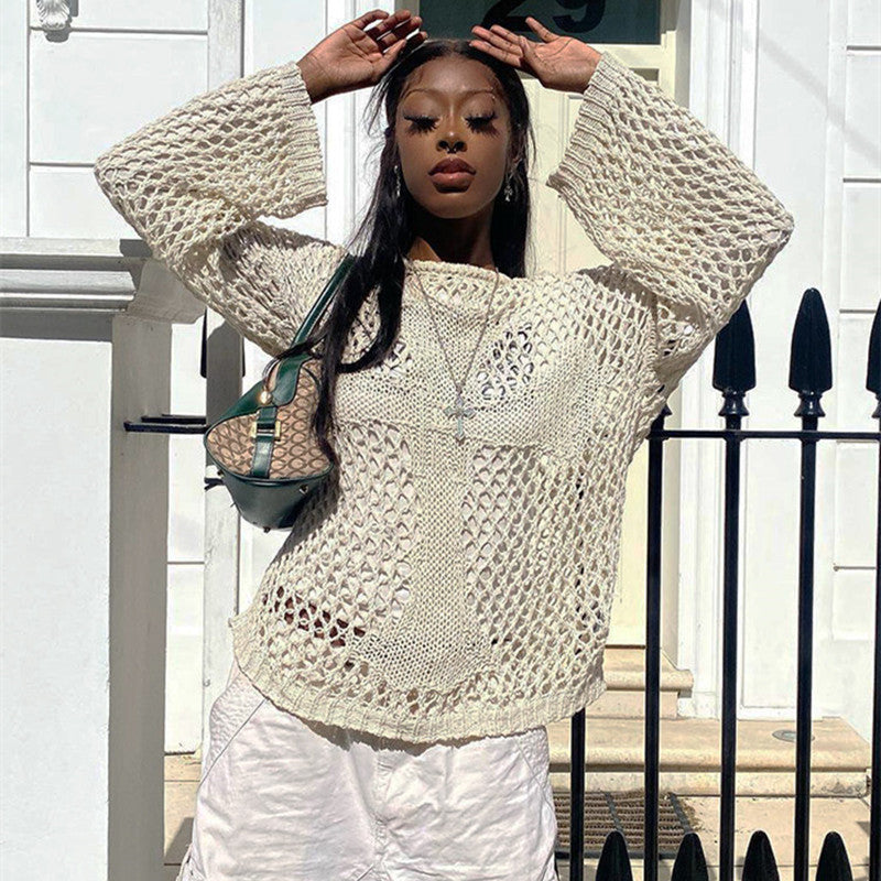 Round Neck Hollow Out Cutout Long Sleeved Criss Cross Blouse Summer See through Sexy Top Beach Sweaters