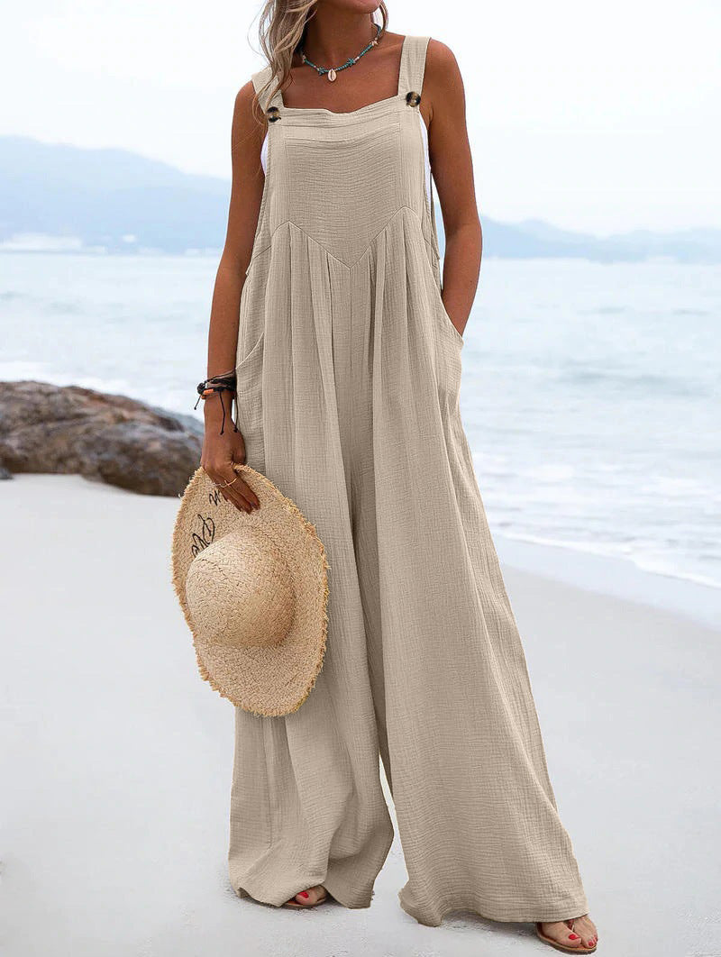 Women Clothing Summer Jumpsuit Ethnic Solid Color Wide Leg Jumpsuit
