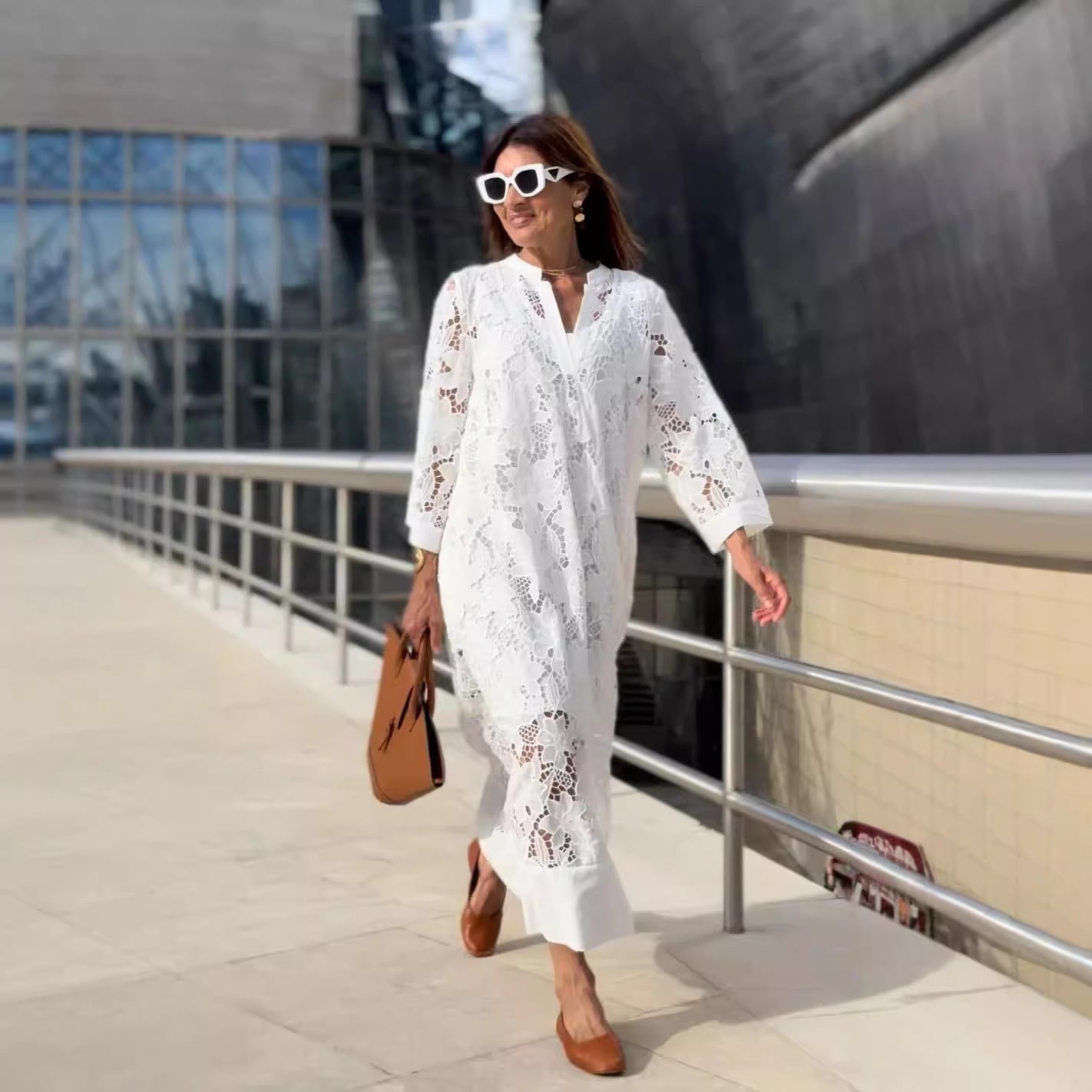 Casual Loose Beach Vacation Blouse Lace Shirt Dress