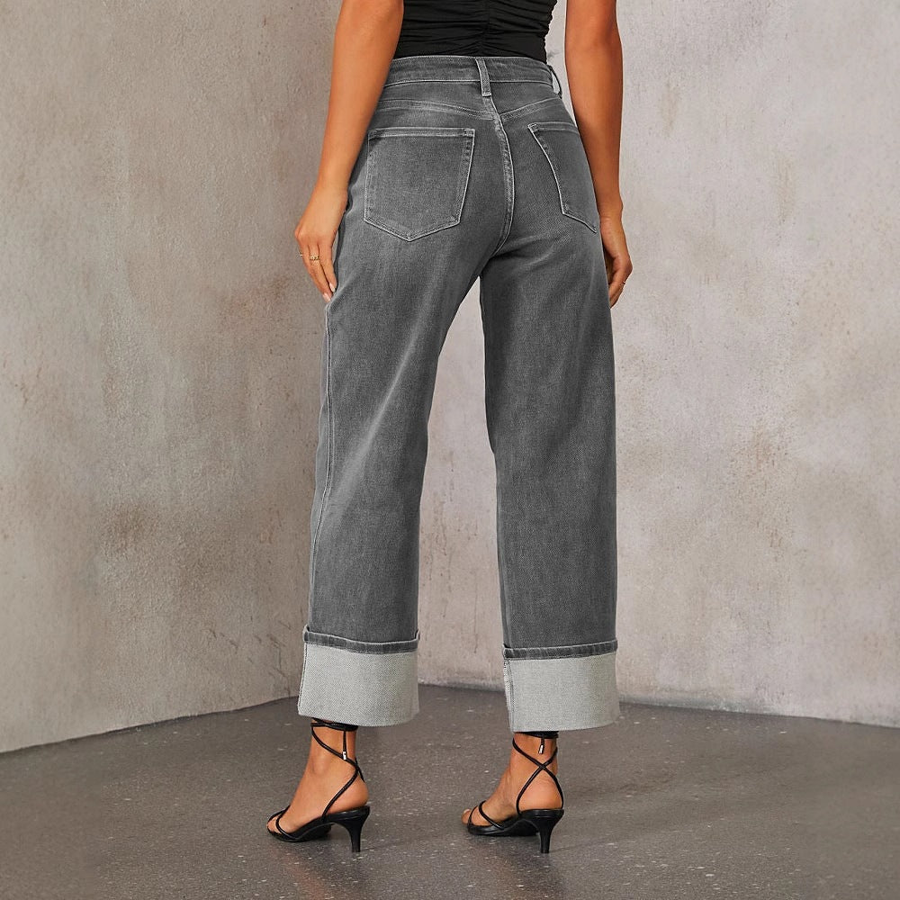 Retro Cuff  New Elastic Straight Jeans For Women