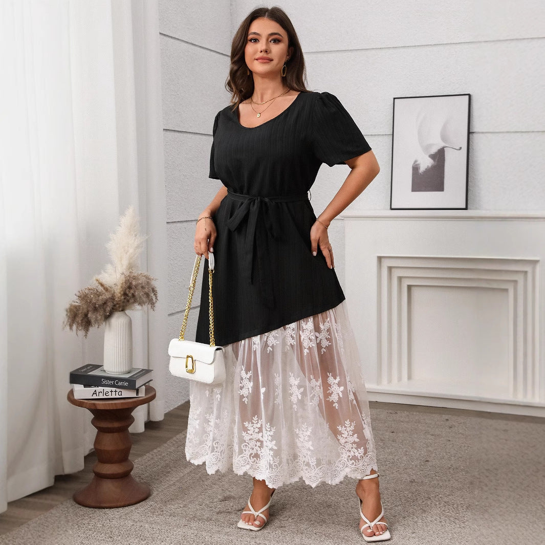 Stitching Lace Tie Waist Dress Loose