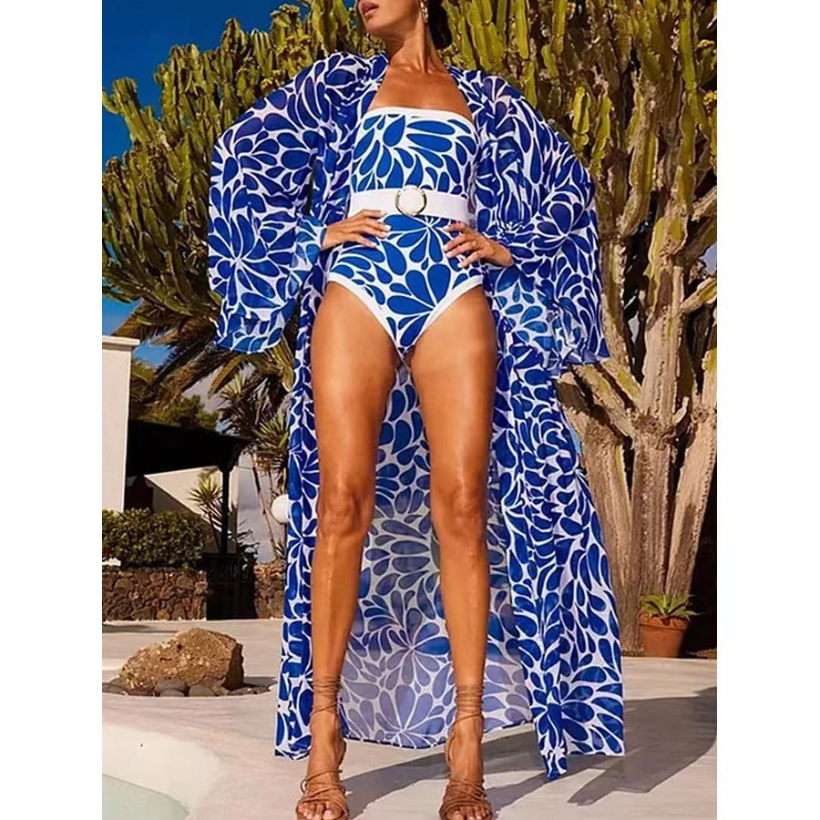 Printed One-piece Swimsuit Women's Long-sleeved Blouse cover- up