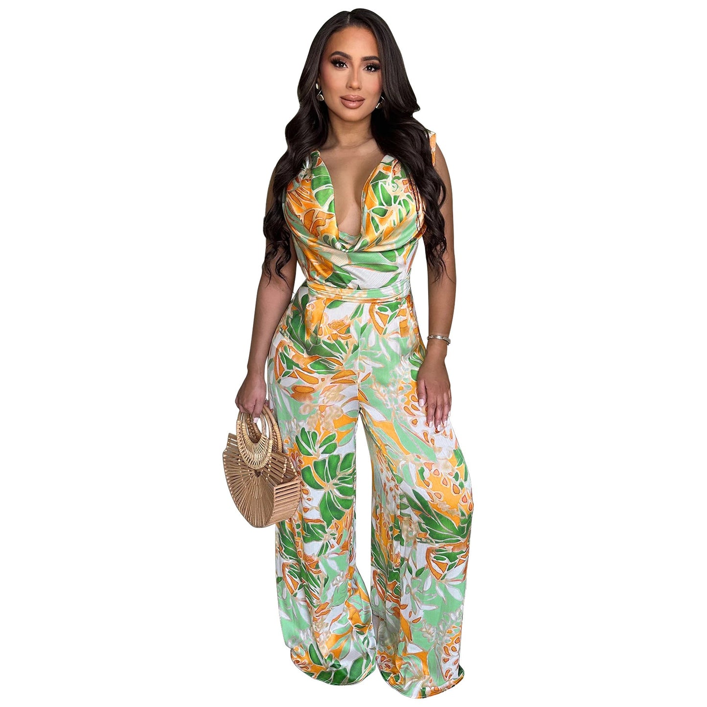 Women Wear Sleeveless Lace up Wide Leg Printed Jumpsuit
