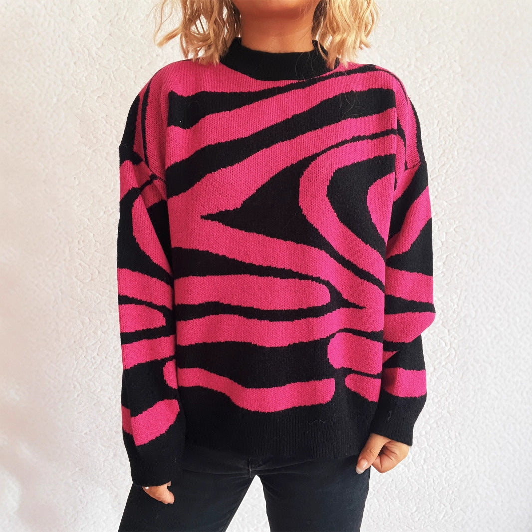 Women Clothing Fall Knitted Pullover Zebra Pattern round Neck Shabby Sweater