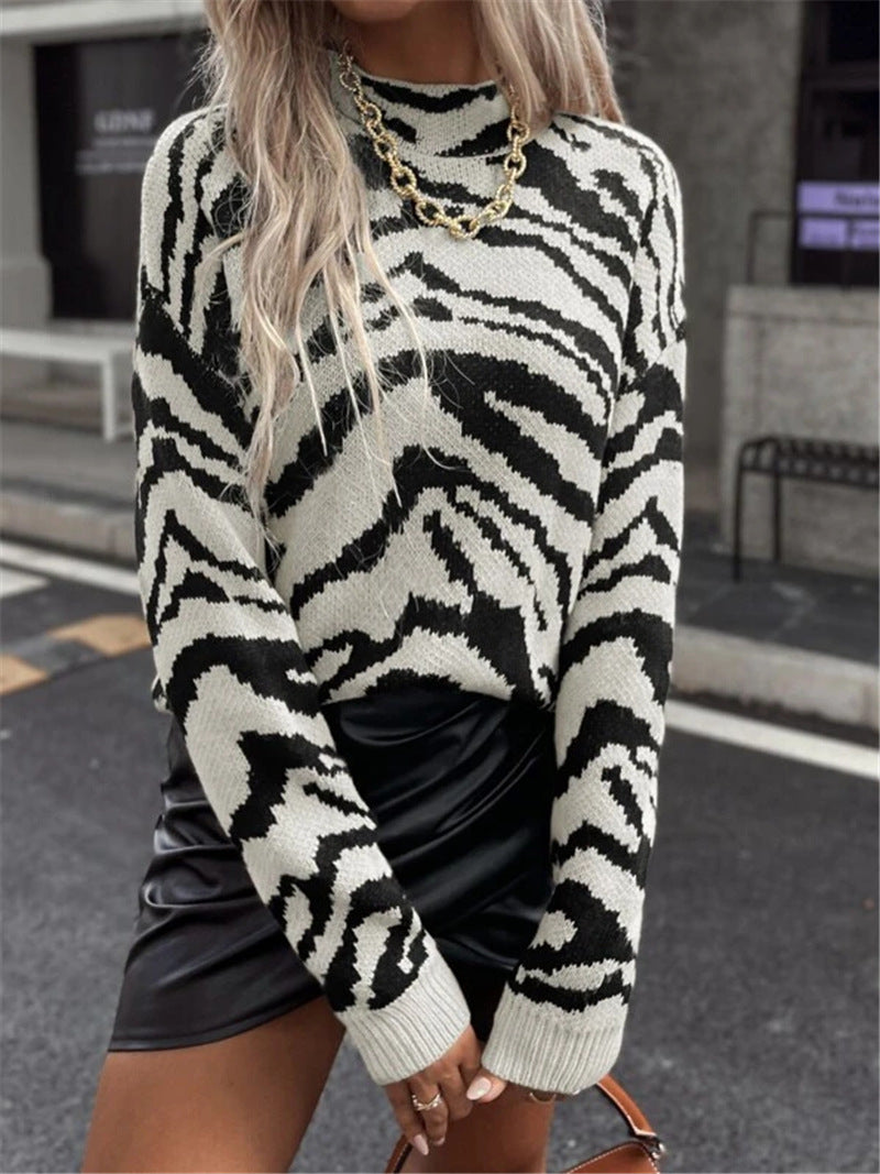 Autumn Winter Essential Loose Pullover Zebra Pattern Knitted Sweater for Women