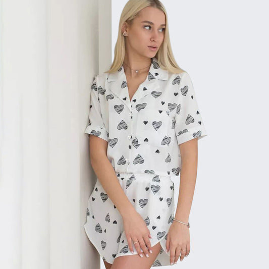 Spring Summer Heart Printing Cardigan Short Sleeve Split Shorts Pajamas Women Comfort Casual Home Wear