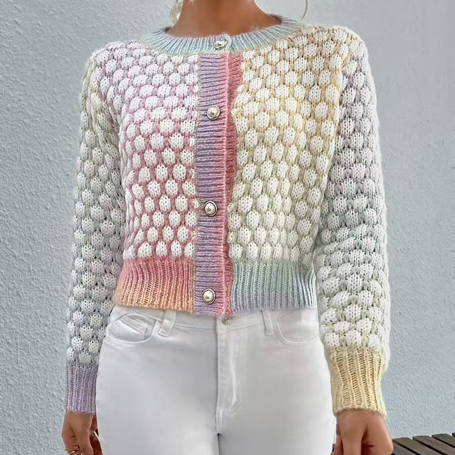 Autumn Winter Cardigan Rainbow Jacquard Short Sweater Girls Coat Single Side Buckle