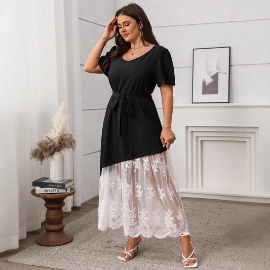 Stitching Lace Tie Waist Dress Loose
