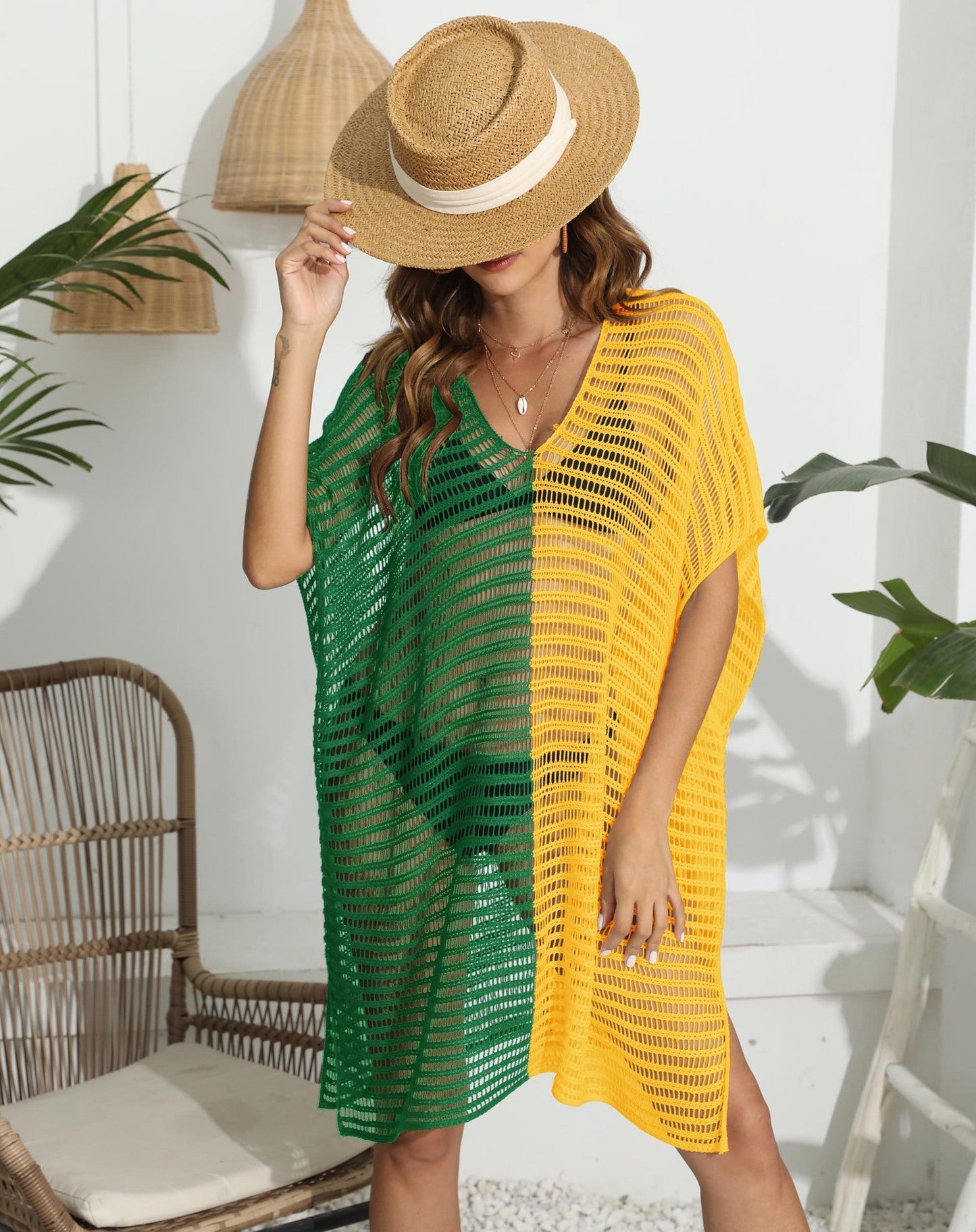 Women Dress Clothing Color Contrast Patchwork Deep V Plunge neck Hollow Out Cutout out Woven Shirt Beach Beach Cover Up