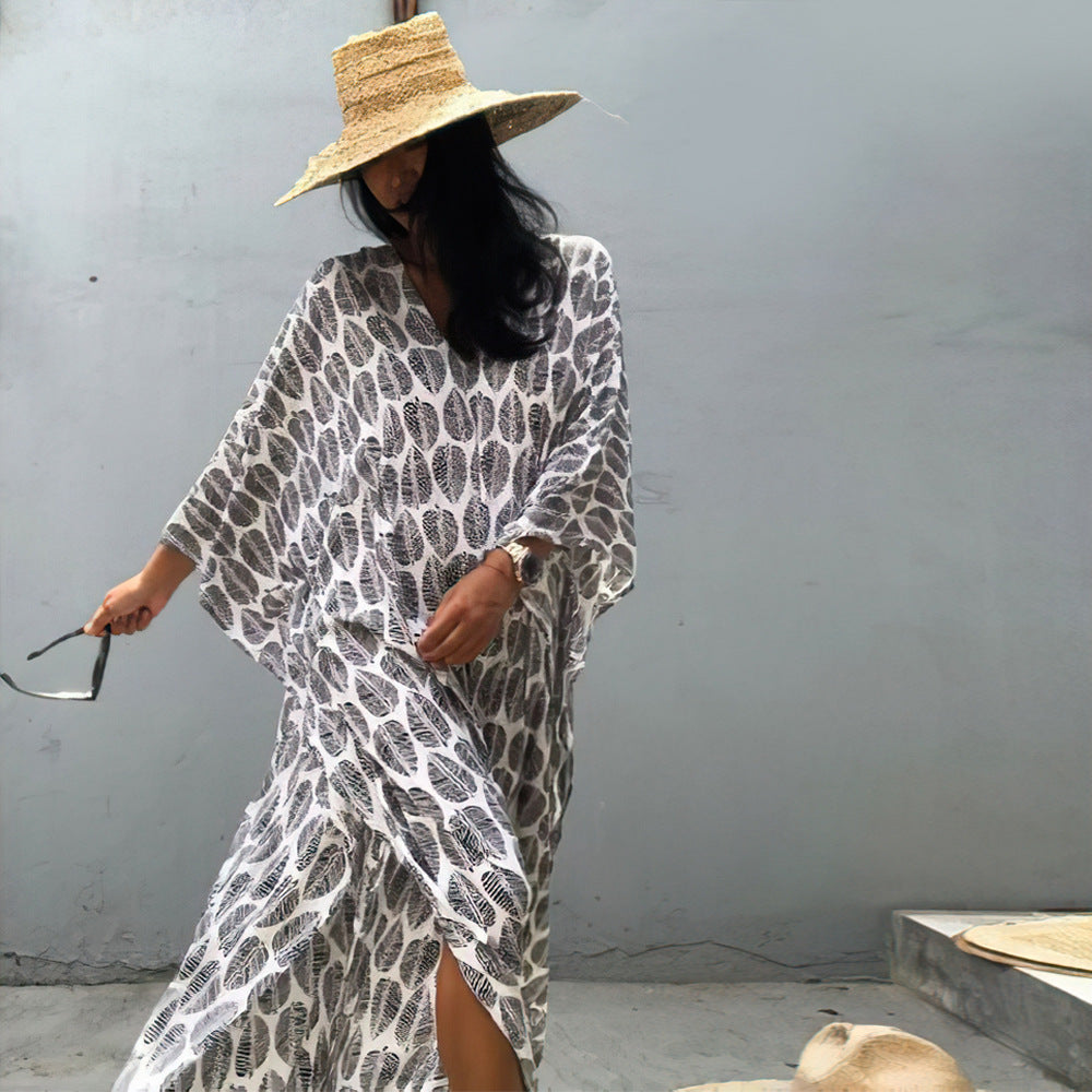 Beach Cover Up Front Back V Neck Loose Robe Seaside Vacation Skirt Bikini Sun Protection Shirt