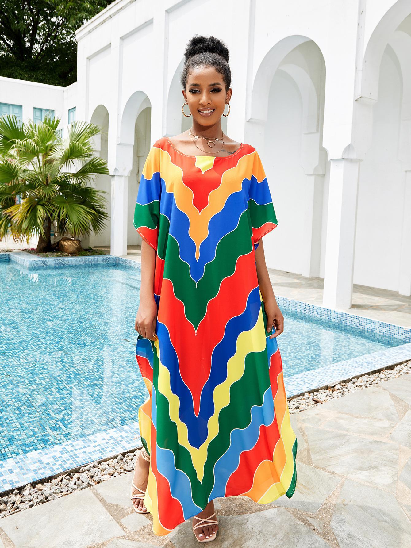 Print Beach Cover Up Sexy Loose Vacation Sun Protection Shirt Robe Bikini Cover Up