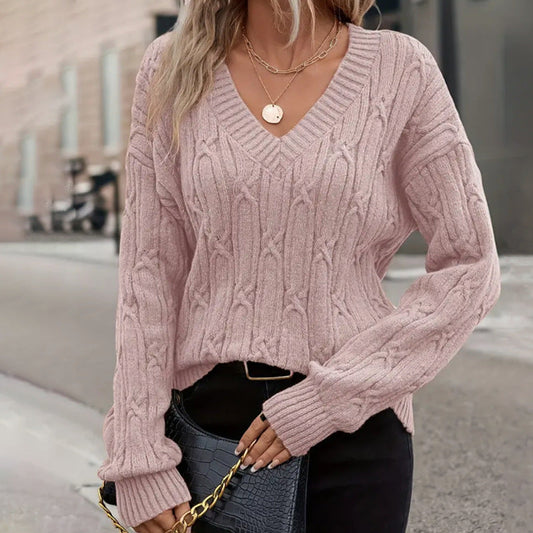 Women Clothing Autumn Winter V neck Sweater Women Twist Thread Solid Color Sweater Loose Top