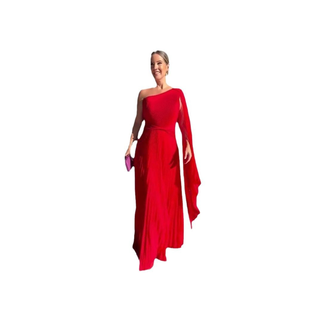 Diagonal Collar Raglan Sleeve Cinched Waist Slim-fit Long Dress
