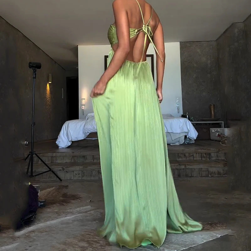 Halter Cut-out Low-cut Pleated Expansion Skirt For Vacation Dress